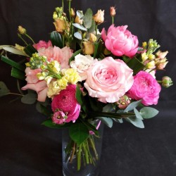 Pink roses with eucalyptus